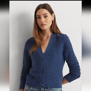 Lauren Ralph Lauren Size S Blue V-Neck Cotton Linen Button-Up Sweater Cardigan